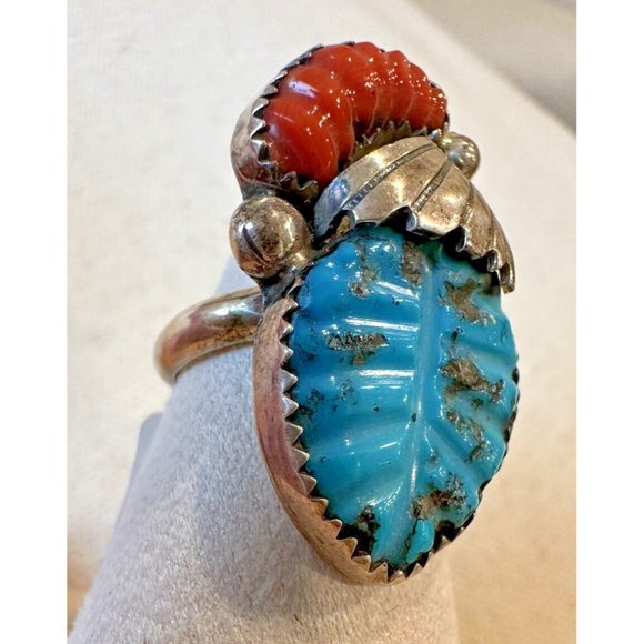 Lyolito Tsette ZUNI Native Sterling Silver CARVED TURQUOISE & CORAL Ring Size 6 - Picture 2 of 12